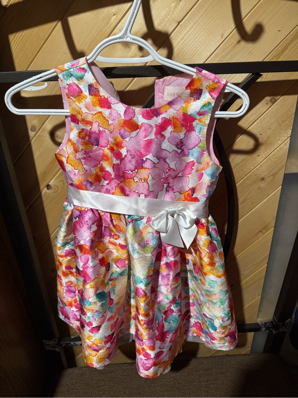 Floral Satin Bow Party Dress for Girls - Pink Multicolor
